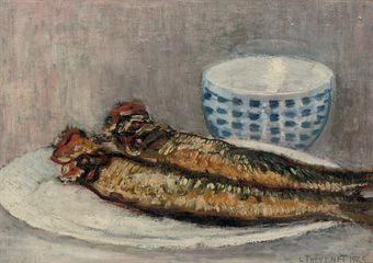 Les Harengs: a still life with herrings and a bowl 
