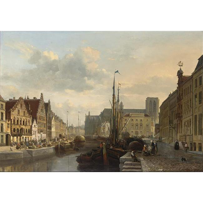 A VIEW OF THE GRASLEI GENT, WITH MANY FIGURES ON A QUAY