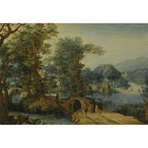 A WOODED LANDSCAPE WITH CHRIST ON THE ROAD TO EMMAUS 