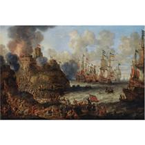 THE SIEGE OF A LEVANTINE CASTLE WITH NUMEROUS FIGURES IN BATTLE, WARSHIPS IN CHOPPY WATERS BEYOND