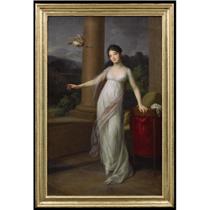 PORTRAIT OF AMALIE VON LEVETZOW, NÉE VON BRÖSIGKE, LATER COUNTESS OF KLEBELSBERG (1788-1868), STANDING FULL LENGTH ON A TERRACE, WEARING A WHITE SILK DRESS WITH A PINK SHAWL, WITH A DOVE