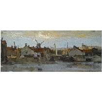 A VIEW OF A DUTCH TOWN AT THE WATERFRONT
