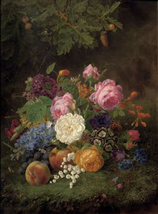 A colourful bouquet of flowers and various fruits on a forest floor