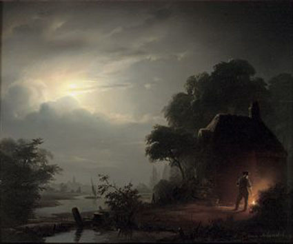 A moonlit landscape, with a figure by a farmhouse