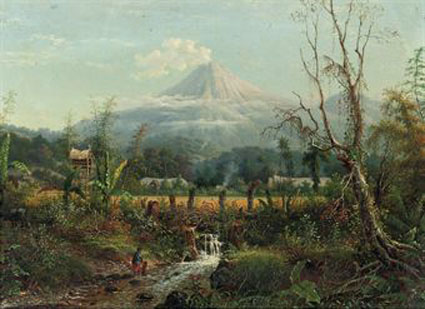 View of a kampong with possibly the Smeroe in the background 