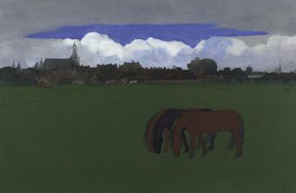 Horses in a meadow, A View of Hattem Beyond 