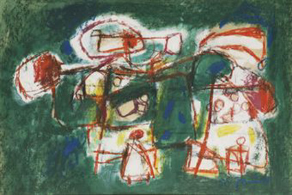 Composition with two figures on a green background