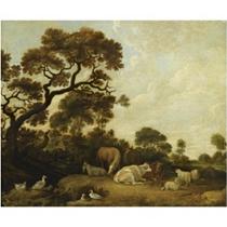 Horses, cows, a goat and sheep in a wooded landscape, near a pond with ducks