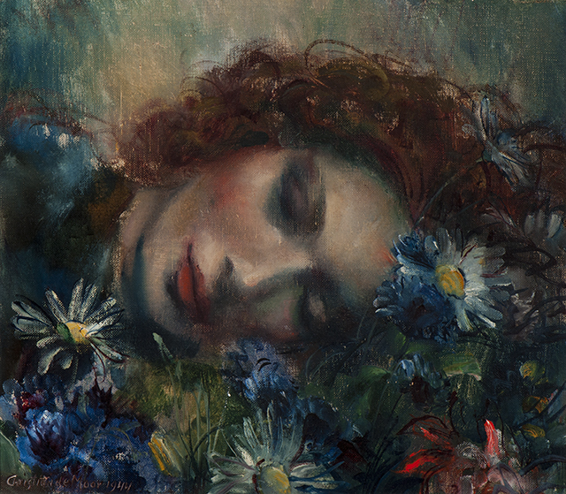 Een vrouw rustend op een bed van bloemen