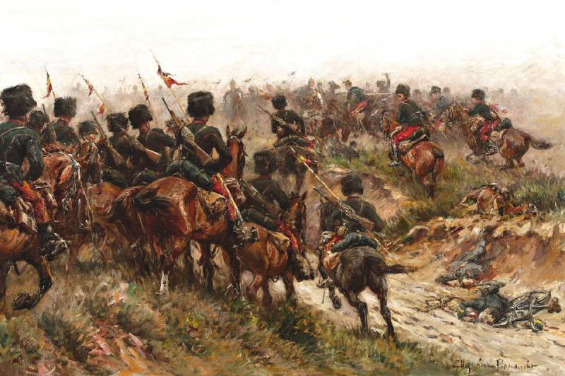 Ruiterslag tussen de Belgische cavalerie en de Duitse Ulanen Ruiterslag tussen de Belgische cavalerie en de Duitse Ulanen