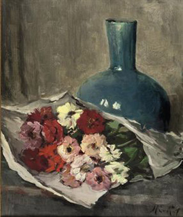 A still life with flowers and a blue vase