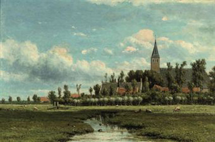 Dutch polder landscape with a village beyond 