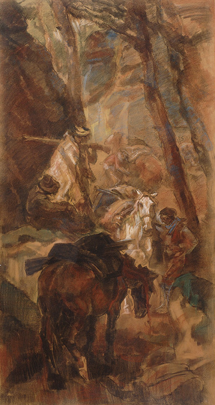 Krijgslieden rustend met hun paarden