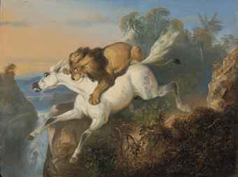 Lion attacking a horse