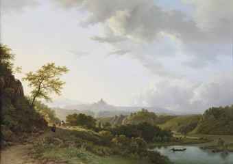 A panoramic summer landscape with travellers and a castle ruin in the distance