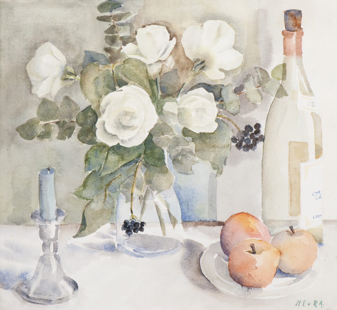 Stilleven met boeket, wijn, vruchten en kandelaar op een tafel