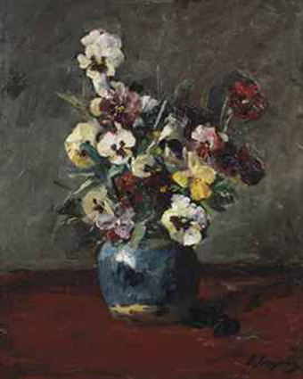 A still life with violets in a blue vase