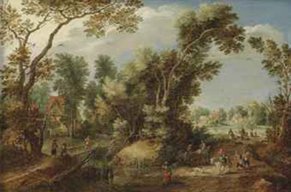 A wooded landscape with peasants and travellers on a path, a village beyond