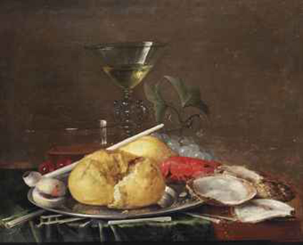 A Façon-de-Venise wine glass, a glass of beer, cherries, a bread roll, an apricot, a clay pipe and a crayfish on a pewter plate, with grapes, oysters and kindling on a partially draped wooden table