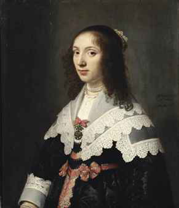 Portrait of Agatha de Vlaming van Oudtshoorn (1619-1675), half-length, in an embroidered black dress with red and silver silk decorations, with a white lace collar and cuffs, a pearl necklace and a jewelled tiara Portrait of Agatha de Vlaming van Oudtshoorn (1619-1675), half-length, in an embroidered black dress with red and silver silk decorations, with a white lace collar and cuffs, a pearl necklace and a jewelled tiara