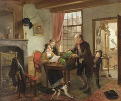 A family in an interior with a dog and cat