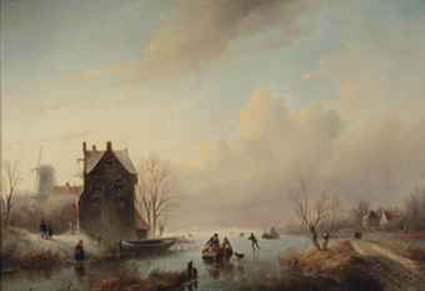 A frozen waterway with figures, farmhouses and a windmill on the riverbank