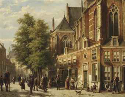 Numerous figures in a sunlit street near a church