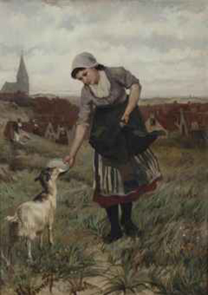 Girl feeding a little goat, Scheveningen
