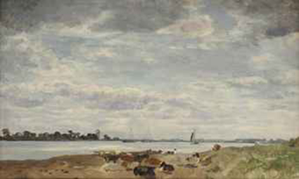 Het kleine Veer; cows resting on the shore of the river IJssel