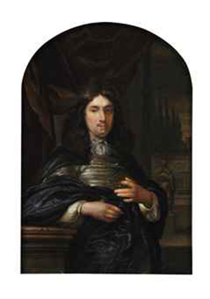 Portrait of a gentleman leaning on a ballustrade, three-quarter-length, in a dark blue coat, before a red curtain, a garden with statues beyond