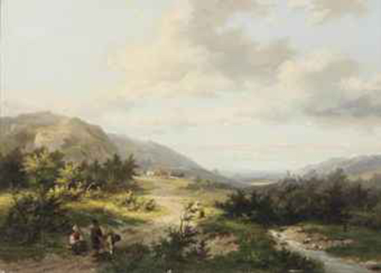 A hilly landscape with travellers and a shepherd on a track, a castle in the distance