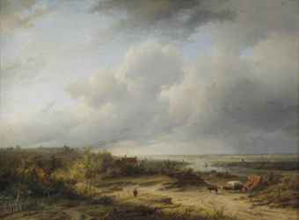 A riverlandscape with a horse-drawn cart