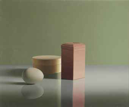 Still life with an egg, a box and a pink tin