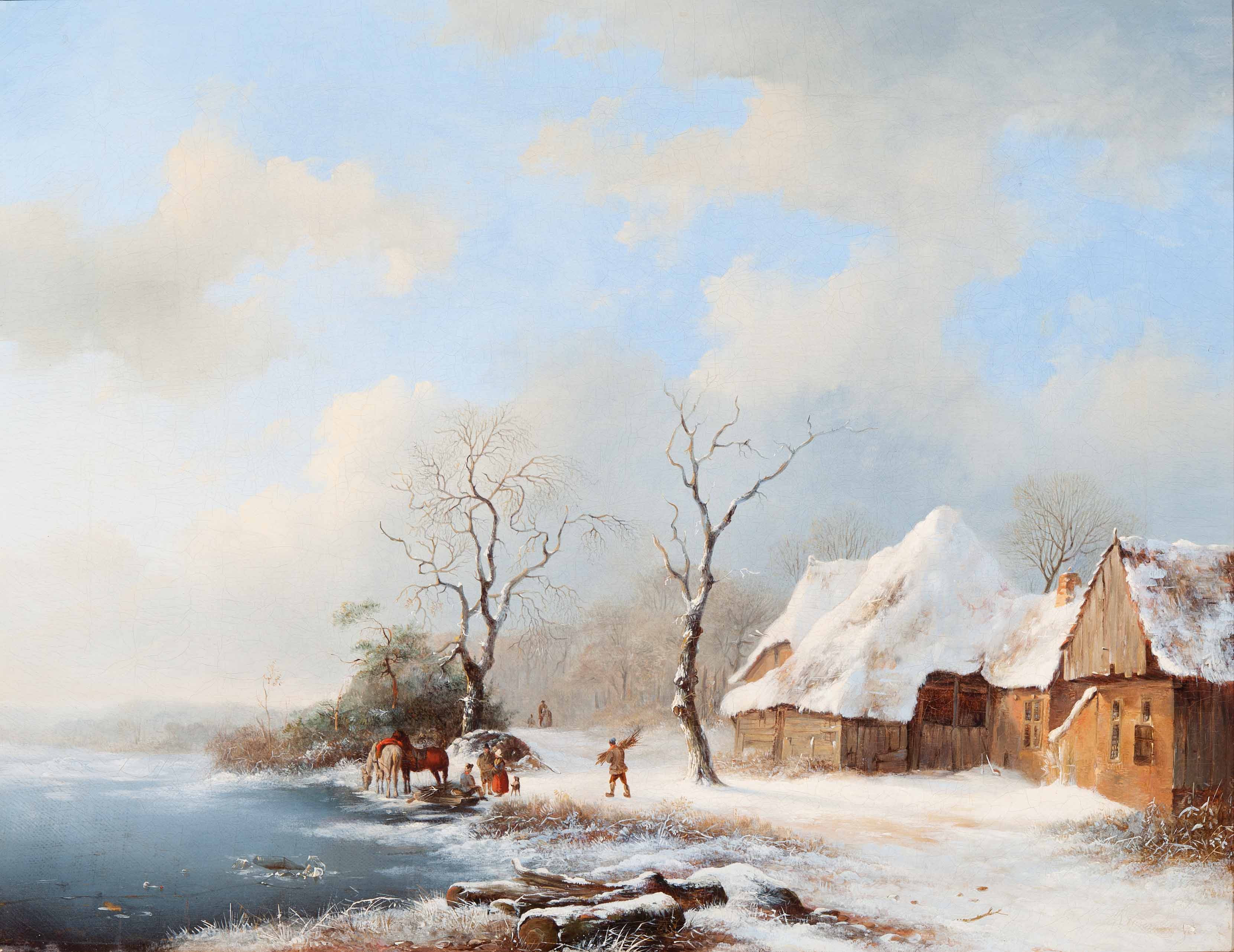 Winterlandschap met ruiters bij een boerderij