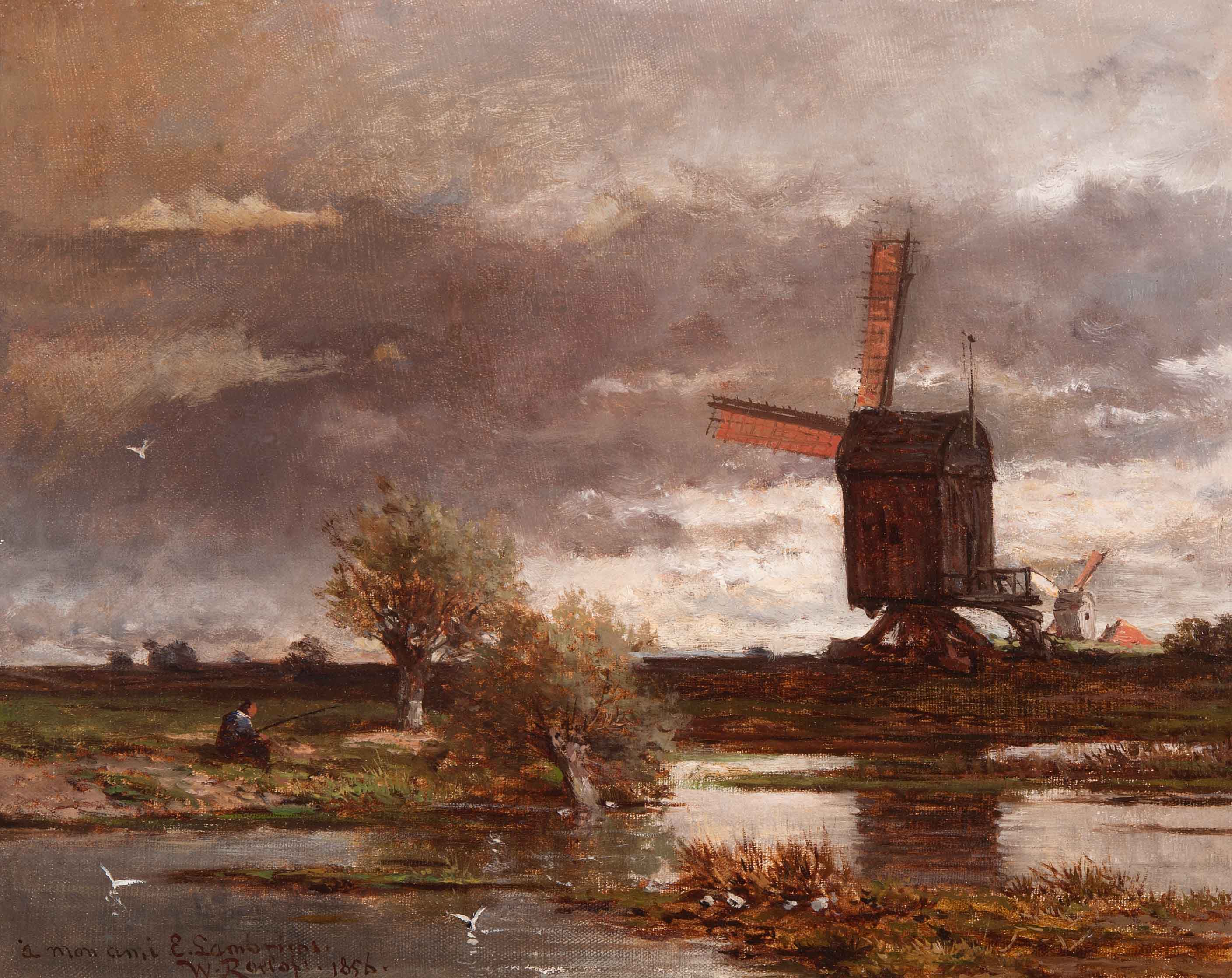 Hollands landschap met wipwatermolens