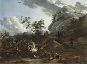 A mountainous landscape with travellers being ambushed