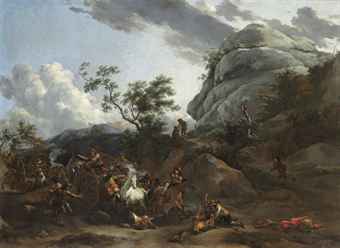 A mountainous landscape with travellers being ambushed A mountainous landscape with travellers being ambushed
