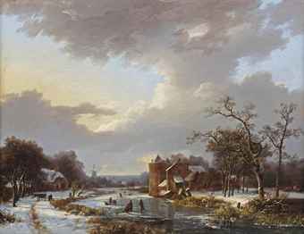 A winter scene with figures on a frozen waterway by a castle