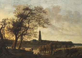 View of Rhenen with figures along the Nederrijn, the Cunerakerk and the palace of the Winter King beyond View of Rhenen with figures along the Nederrijn, the Cunerakerk and the palace of the Winter King beyond