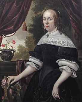 Portrait of a lady, three-quarter-length, in a black dress with white lace, a pearl and granite parure and pearls in her hair, holding a pink rose, a landscape beyond