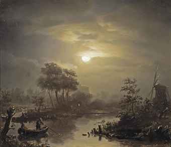 A moonlit river landscape, with a town in the distance