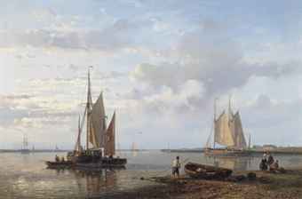 Sailing vessels in a tranquil Dutch estuary