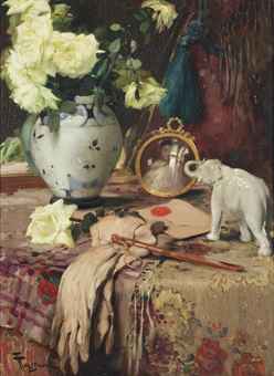 A still life with white roses in a vase