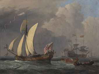 An English Royal Yacht, probably the Katherine, and a man-of-war beyond, probably the Harwich with Charles II aboard on his way to, or from Portsmouth in 1675, on the occasion of the Launch of the Royal James