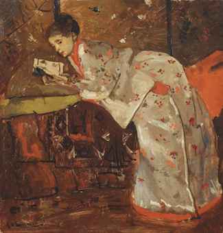 Vrouw in Japansche kimono (Geesje Kwak): girl in a white kimono