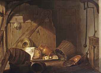 A barn interior with baskets, barrels, pottery, a pump to the right and a bundle of dried laice hanging on a wall partition to the left