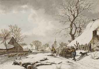 A winter landscape with two peasants pushing a sledge laden with logs, and a swineherd to the left