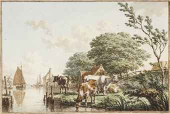 A summer landscape with cows beside a river, with a hay wagon to the right