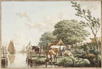 A summer landscape with cows beside a river, with a hay wagon to the right A summer landscape with cows beside a river, with a hay wagon to the right