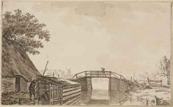 A bridge over a canal, with a figure opening a boathouse on the left